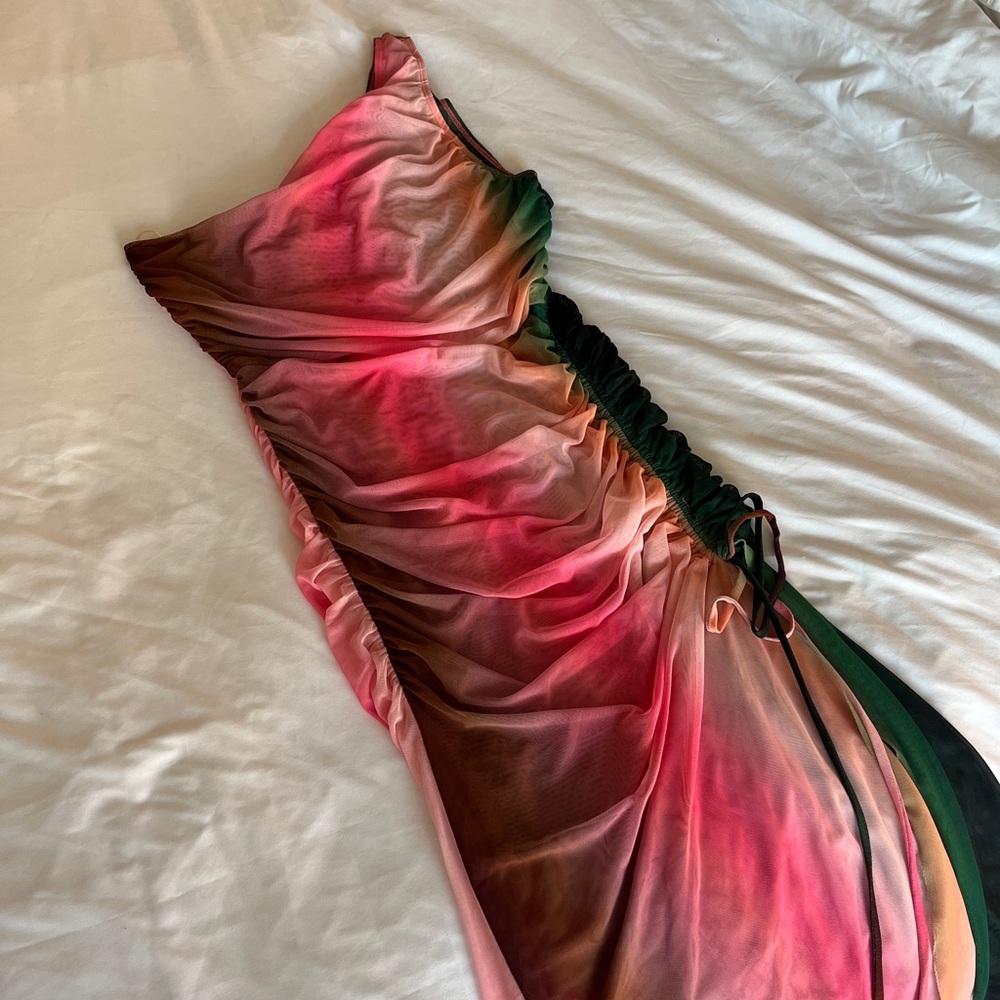 Misa Los Angeles One-Shoulder Gradient Pink to Green Dress